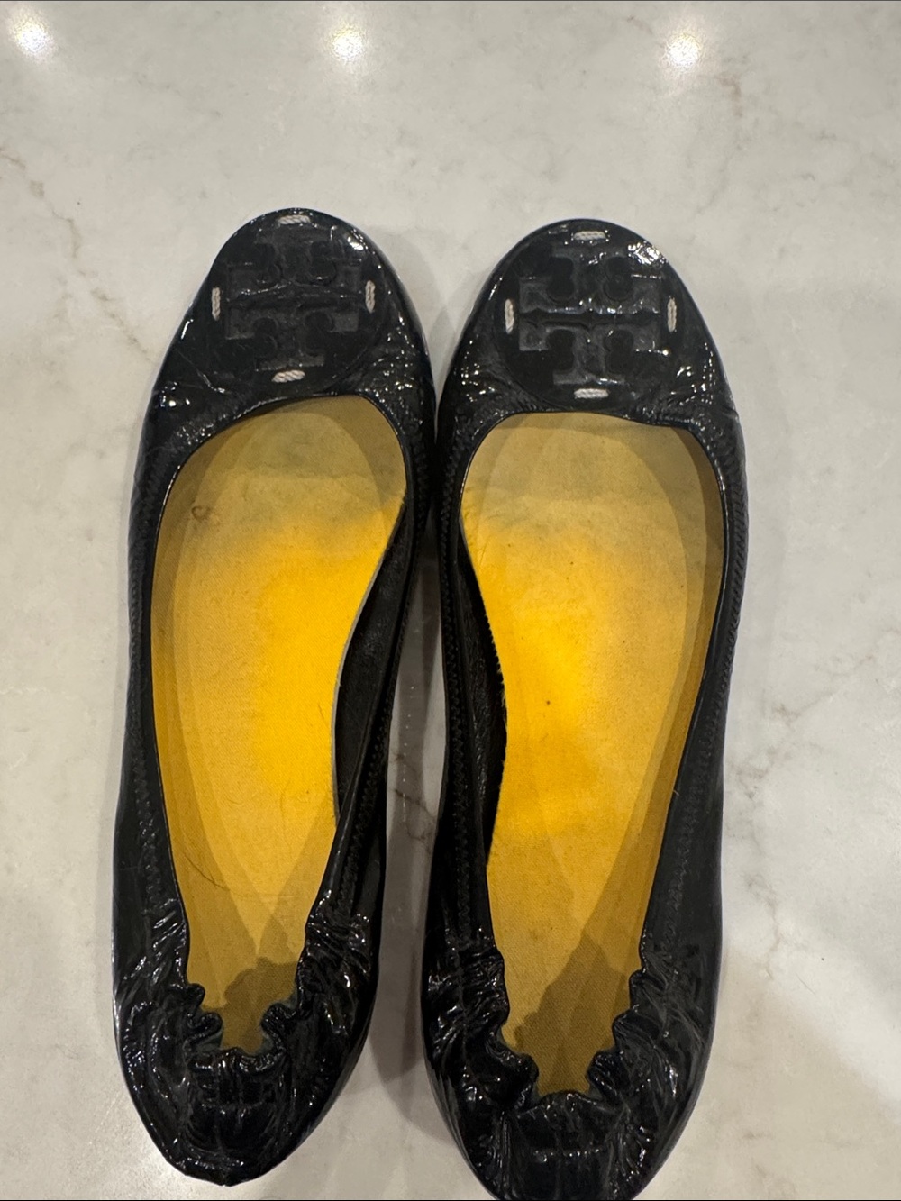 Tory Burch Black Patent Leather Ballet Flats with Yellow Insole